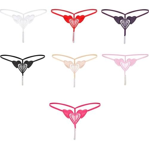 Transparent Low-Rise Nylon Embroidery Open Crotch Pearl Massage Panties Female Thongs Lingerie G-String