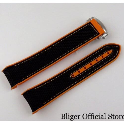 BLIGER Rubber Strap Orange Black Watch Band with Steel Folding Bracelet Clasp 20mm Width Lug