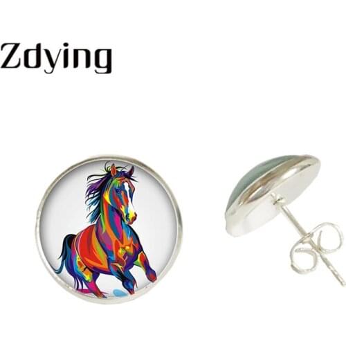 ZDYING Rainbow Horse Stud Earrings Tiger Birds Peacock Dog Animal Painting Glass Cabochon Earring For Friends Gift Jewelry PT01