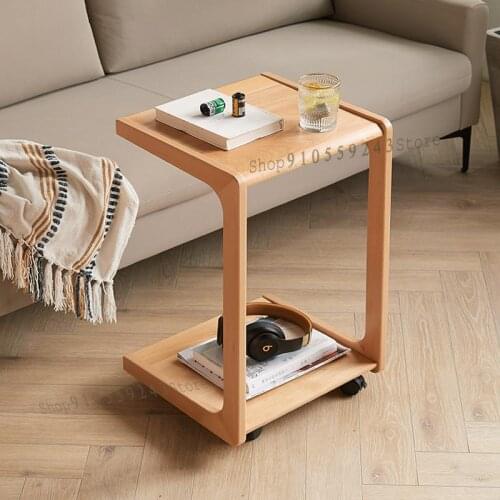 Nordic Mobile Sofa Side Table With Wheels Solid Wood Living Room Small Side Table Mini C-shaped Coffee Table Modern Minimalist B