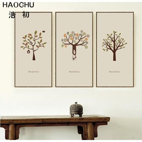 HAOCHU Triptych Nordic Fresh Tree Flower Canvas Painting Long Abstract Forest Wall Pictures Pastoral Living Room Decor Cuadros