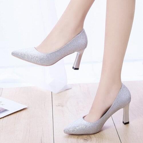 Women Wedding Shoes Sequined Cloth High Heels Dress Shoes Pointed Toe Pumps Bling Ladies Shoes Square Heel Silver Black 8517L