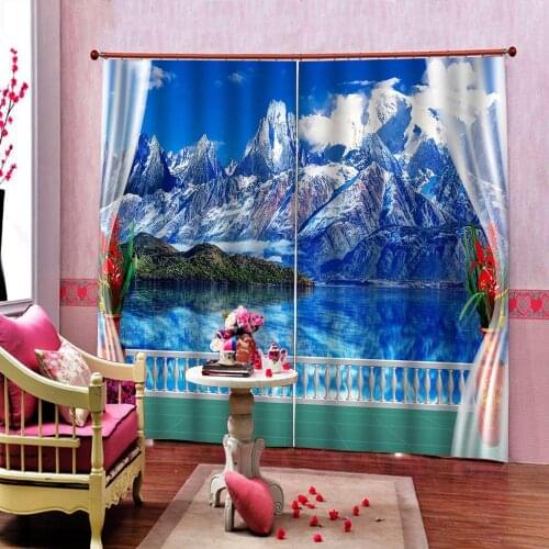 Outside the window Natural Scenery Shower Curtain Beautiful Blue Sky White Snow Mountain Green Trees Hill Reflection On Lake