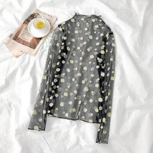 2021 Cool Sexy Embroider New Daisy Summer Sun Protection Female Mesh Long Sleeves Base Shirt Lace Top T-Shirt For Women Clothing
