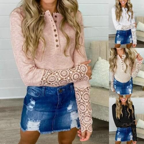 Women Fashion Lace Patchwork Button Sweater Long Sleeve Knitted Top Shirt Jumper Europe America Autumn Sexy Solid Color Hollow