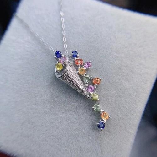 Luxurious big strand natural Multicolor sapphire pendant S925 silver Natural gemstone Pendant Necklace women party gift jewelry