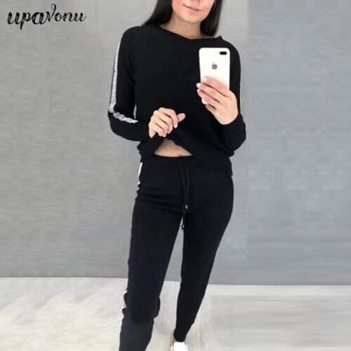2020 Autumn Women Blue Sweater Set Fashion Casual V-neck Long Sleeve Pullover & Elastic Pants Ladies Fashion Sports Sweater Sets