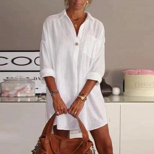 2021 Dress Womens Linen Cotton Dress Soild Color Dress With Pocket Summer V-Neck Long Sleeve A-Line Female Dress Sukienka