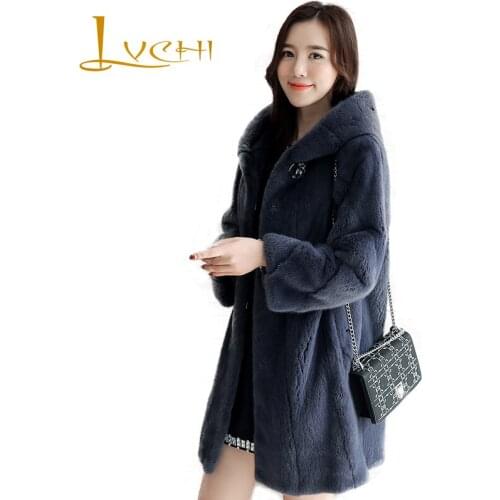 LVCHI Winter 2019 With Fur Hood Mink Coats Pocket Hat Real Mink Fur Coat Natural Fur Crystal Womens Medium Cauasal Mink Coat