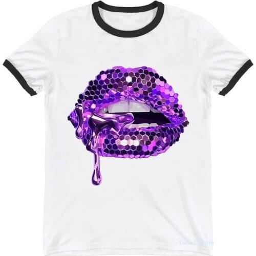 Glitter Shiny Lips Print Tee Shirt Femme Sexy T Shirt WomenS Clothing Summer Tops Fashion Tshirt Female Harajuku Shirt