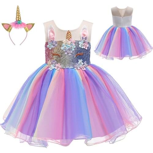 Childrens Cosplay Dress Costume 2021 New Unicorn Sequins Sleeveless Princess Dresses For Girls Party Rainbow Dresses 1-10 Years