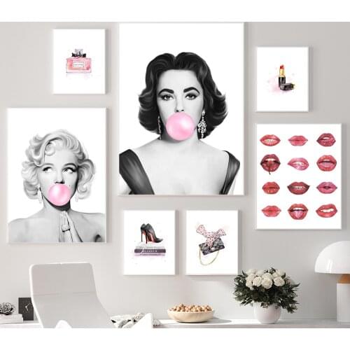Elizabeth Taylor Bubblegum Pictures Makeup Wall Art Poster Monroe Lipstick High Heels Print Canvas Girl Dressing Room Home Decor