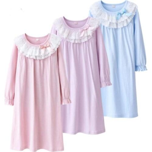 Teen Girls Lace Cotton Nightgowns Kids Pink Princess Sleepwear Girls Neck Nightgowns Children Sleepwear Pajamas Baby