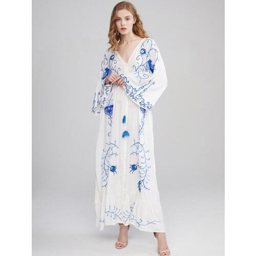 Summer new ethnic tourism holiday dress Bohemia Island Beach Dress loose large embroidery V-Neck long dress