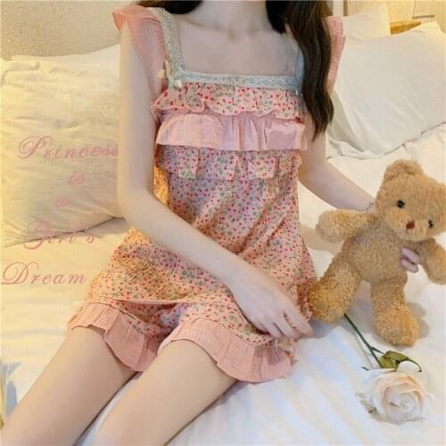 Sweet Floral Print Summer Pajamas Set Women Spaghetti Strap Camis Tops + Shorts Set Two Piece Home Suit Kawaii Sleepwear