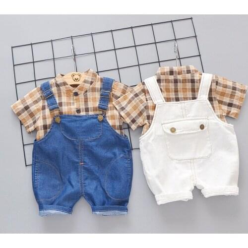 Baby Boy Summer Clothes Children Fashion Plaid T Shirt Bib Pants 2pce/sets Kids Casual Garment Toddler Clothing Child Tracksuit