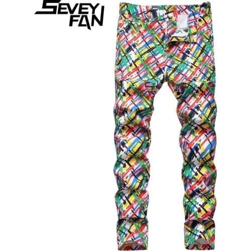 SEVEYFAN 2021 Fashion 3D Colorful Printed Jeans Mens Elastic Pencil Slim fit Denim Pants