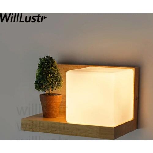 Willlustr Cubi Wall sconce glass Lamp wood shelf cubic Modern light hotel restaurant doorway porch vanity lighting novelty
