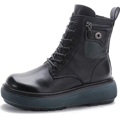 Autumn New Leather British Bike Boots First Layer Cowhide Side Zipper Thick-soled Martin Boots Wedge Heel Ankle Pocket Boots