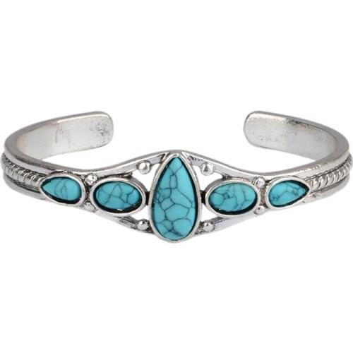 Ethnic Natural Stone Open Adjustable Bangle Geometric Water Drop Square Shape Cuff Bangle Retro Bead Charm Bracelet Jewelry