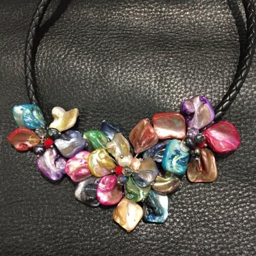 3 flowers necklace Bohemia Natural shell flower necklace multi color with black leather fashion women jewelry free shipping