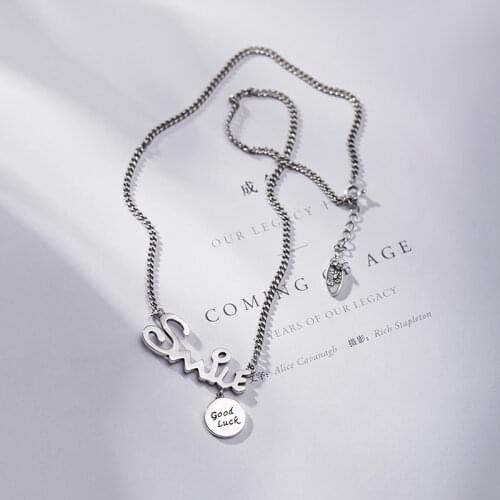925 Sterling Silver "SMILE" Letter Alphabet Necklace Retro Round Disc Good Luck Thai Silver Necklace For Women Men Gifts S-N623