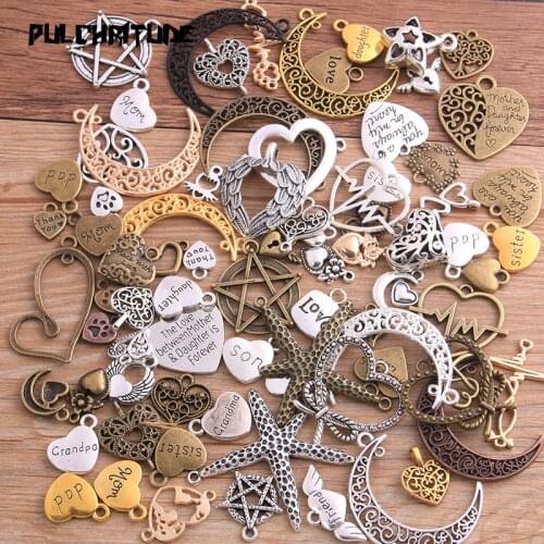 Random 10pcs Mix Size Mix Color Moon Stars Charms Heart Pendants Handmaden Vintage For DIY Jewelry Making Finding