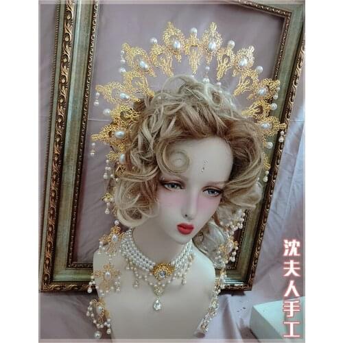 Apollo Sun Halo Virgin Mary Halo Aperture Church Angel Hanfu KC Headband Cosplay Gothic Lolita Pearl Chain Court Retro Crown