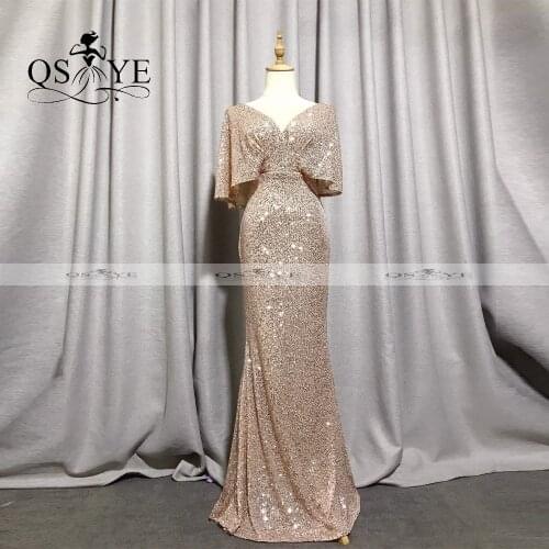 QSYYE Gold Evening Dresses Mermaid Short Sleeves Sexy V Neck Cheap Evening Gown Glitter Elegant Party Dress Bat Sleeves Formal