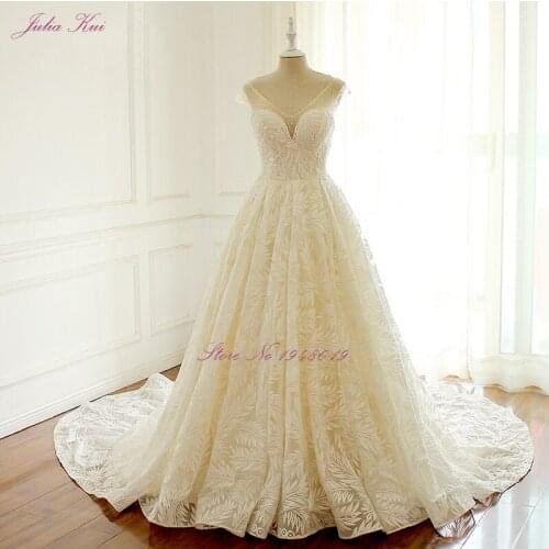 Julia Kui Luxury Romantic V-Neckline With Tree Leaf Appliques A-Line Wedding Dress Bridal Gowns Lace Up