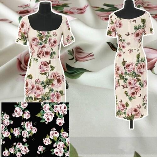 Rose printed fabric meter brand printed dress stretch satin fabric handmade DIY home service fabric wholesale polyester cloth