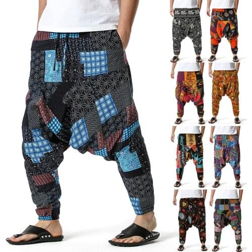 Harem Pants Mens Hippy Hippe Trousers Cotton Bohemian Vintage Yoga Ethnic Print Patchwork Harem Pants Om Patch Pants