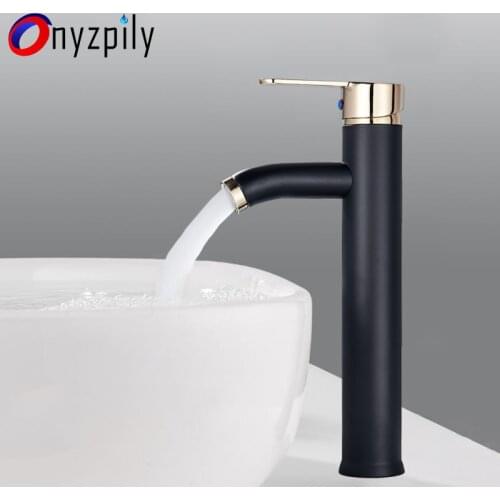 Onyzpily Black Golden Basin Faucet Deck Mounted Hot and Cold Water Mix Faucets Torneira Single Handle Bathroom Sink Faucet