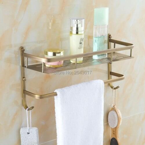 Solid Brass High Quality European Classic Basket Shelf with Towel Rack and Hooks Multifunctional Bathroom Accessories ZR2517