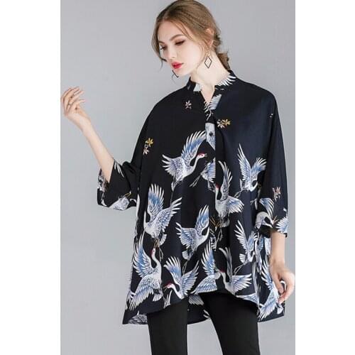 Womens casual Plus size shirts Loose large size print shirt 3/4 sleeve stand neck spring new Tops Chinese style Crane printing