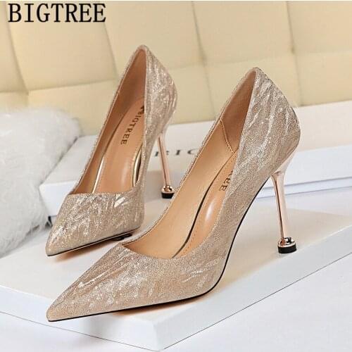 Bigtree 2021 Women Shoes Pointed Toe Heels Bling Silver High Heels Wedding Shoes For Women Bride Heels Women Pumps Chaussures