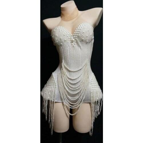 Female Jazz Dance Costume White Pearls Elegant Jumpsuit Festival Outfit Rave Party Clothing Singer Performance Dress DT1358