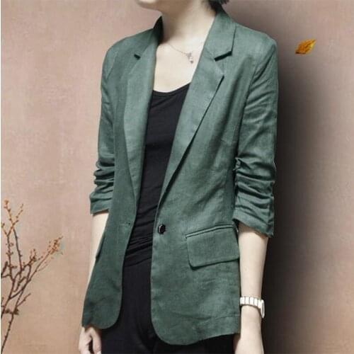2021 New Arrival Spring/autumn Women Casual Single Button Three Quarter Sleeve Blazer Slim Cotton Linen Notched Collar Coat