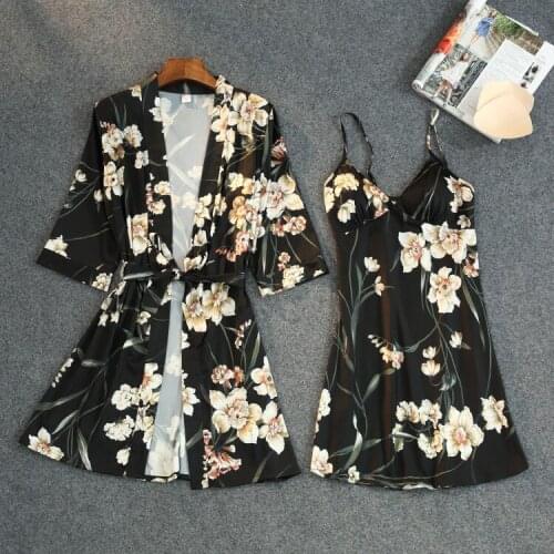Female Print Black 2PCS Robe Sets Sexy V-Neck Sling Nightgown Nightdress Loose Kimono Bath Lingerie Home Dress Bathrobe Gown