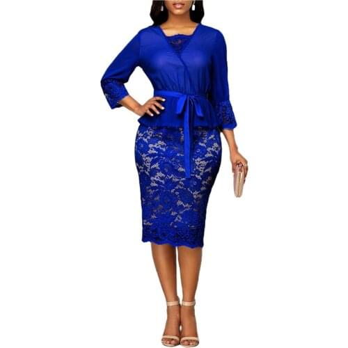 Summer Autumn Dress Women 2020 Casual Plus Size Slim Patchwork Lace Office Pencil Dresses Elegant Sexy V Neck Long Party Dress