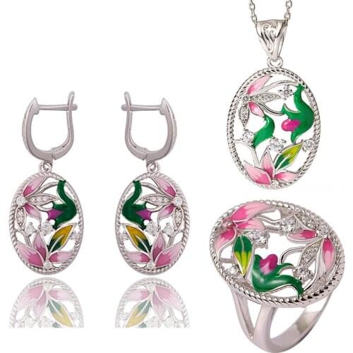 Silver Color oval Necklace & Earrings & Rings Set Jewelry Women Vintage Pink Enamel Epoxy Flower Crystal Zircon Jewelry
