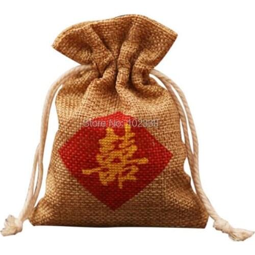 100pcs Burlap Favor Bag" Double Happiness " Chinese Words Printing Wedding Marriage Party Candy Gift Bag ZA6937