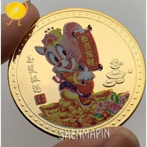 2020 Wish You A Fortune Gold Mouse Commemorative Coin China Fu Coins Collectibles Color Lucky Rat Coins New Year Christmas Gift