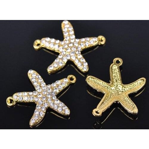 5pcs 40mm x 22mm Starfish Shape Gold Plated with Crystal Rhinestones Paved Charms Connectors for Jewelry Making DIY Crafts