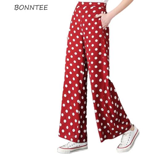 Pants Women 2020 Summer Oversize Loose Leisure All-match Womens Ankle-Length Wide Leg Trousers Pockets Dot Female Kawaii Elegant