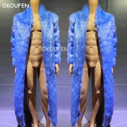 Cool new nightclub male singer blue dragon long fur coat party performance dance team stage performance clothing