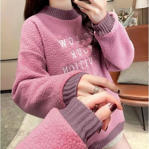 Letter Embroidery Fleece Pullover Sweatshirt Woman Long Sleeve Loose Tops Female Winter Sweatshirt Warm Ladies Korean Clothes