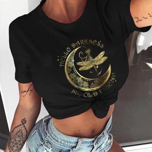 Hippie Hello Darkness My Old Friend Moon and Dragonfly T-shirts Women Short Sleeve Vintage Tee Tops Cotton Female Clothes