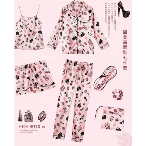 Lisacmvpnel High Quality Imitate Real Silk 7 Pcs Set Pajamas Woman Printing Fashion Pajama Set