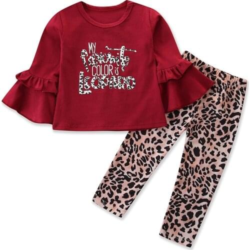1-6Y Girls Clothing Sets Toddler Kids Baby Girls Letter Print Flare Sleeve T-shirts Tops+Leopard Print Pants Leggings Outfits
